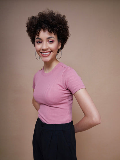 Women's Pink Rib Round Neck Top