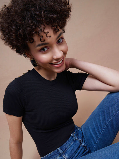 Women's Black Rib Round Neck Top