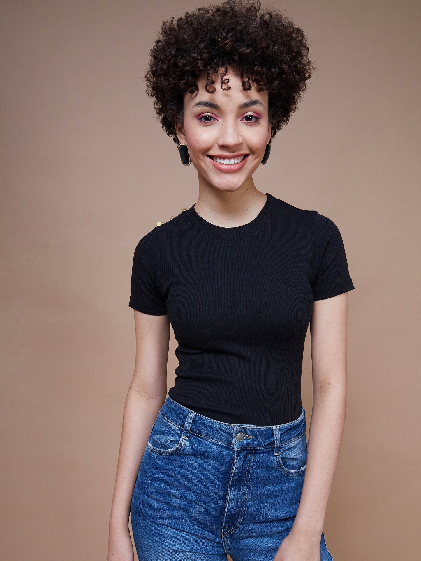Women's Black Rib Round Neck Top