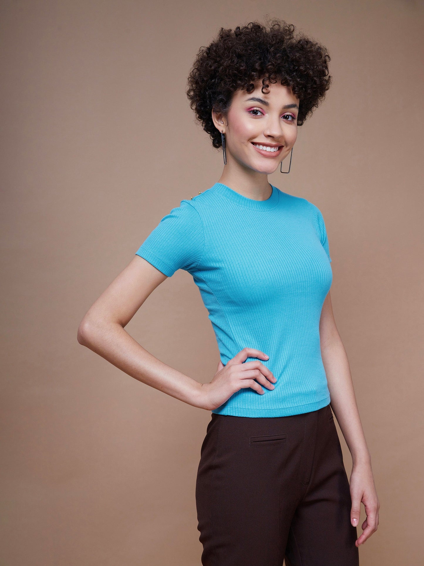 Women's Turquoise Rib Round Neck Top