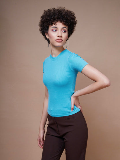 Women's Turquoise Rib Round Neck Top