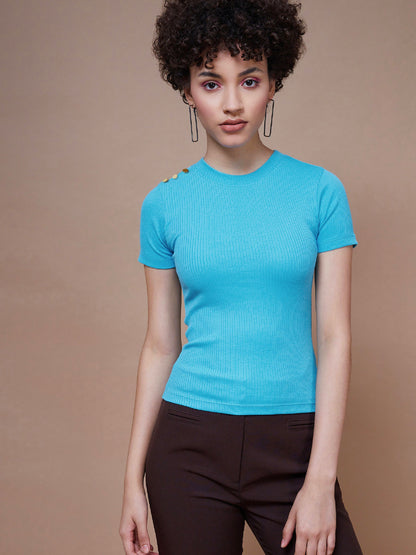 Women's Turquoise Rib Round Neck Top