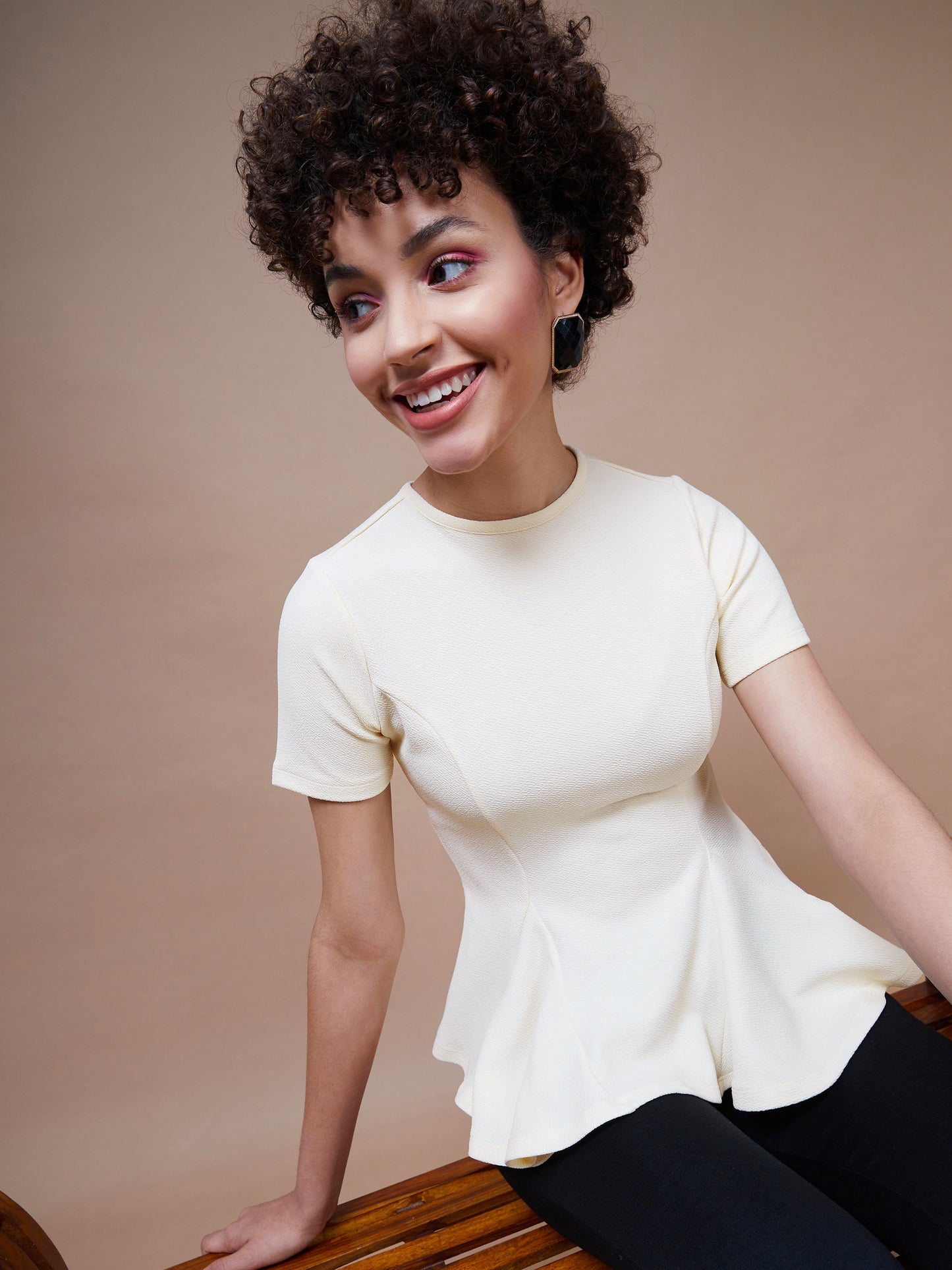Women's Cream Short Sleeves Peplum Top