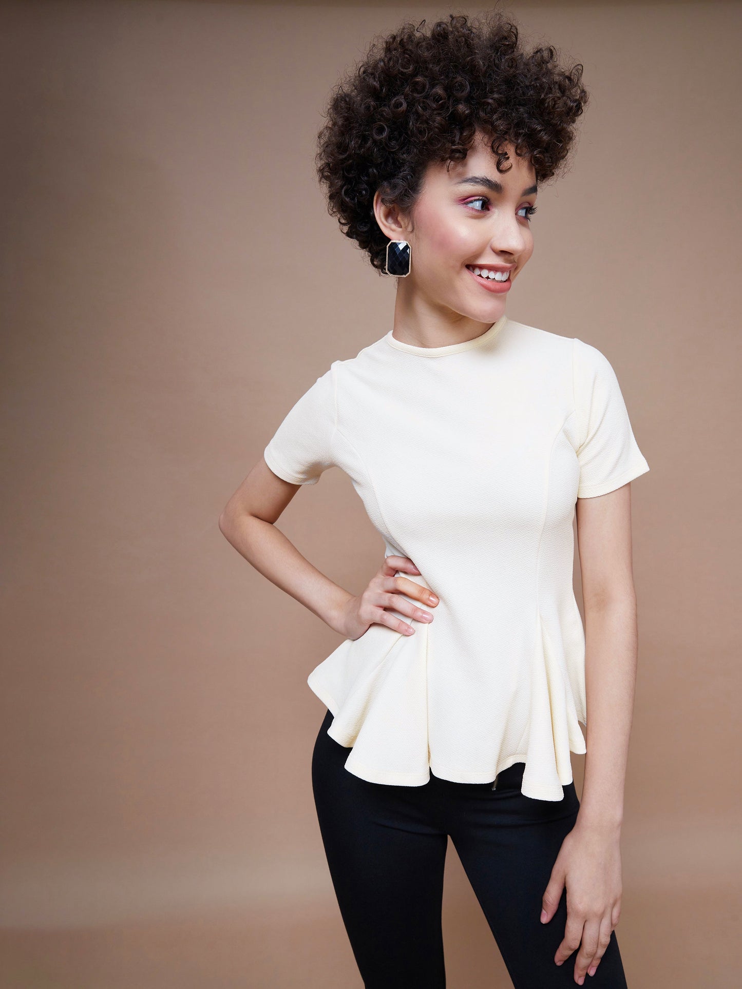Women's Cream Short Sleeves Peplum Top