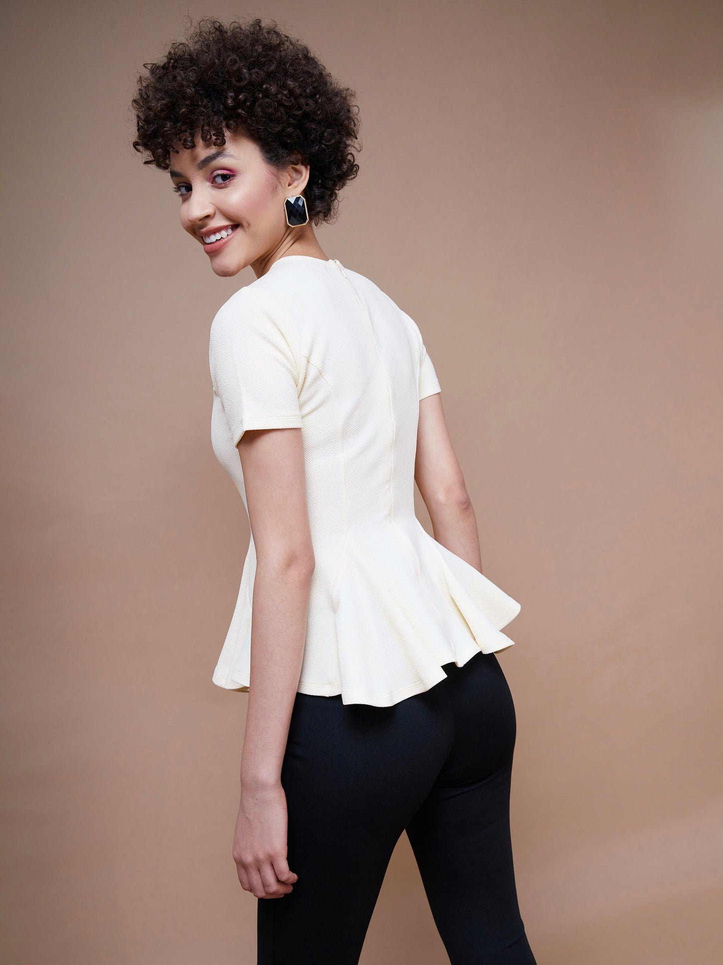 Women's Cream Short Sleeves Peplum Top