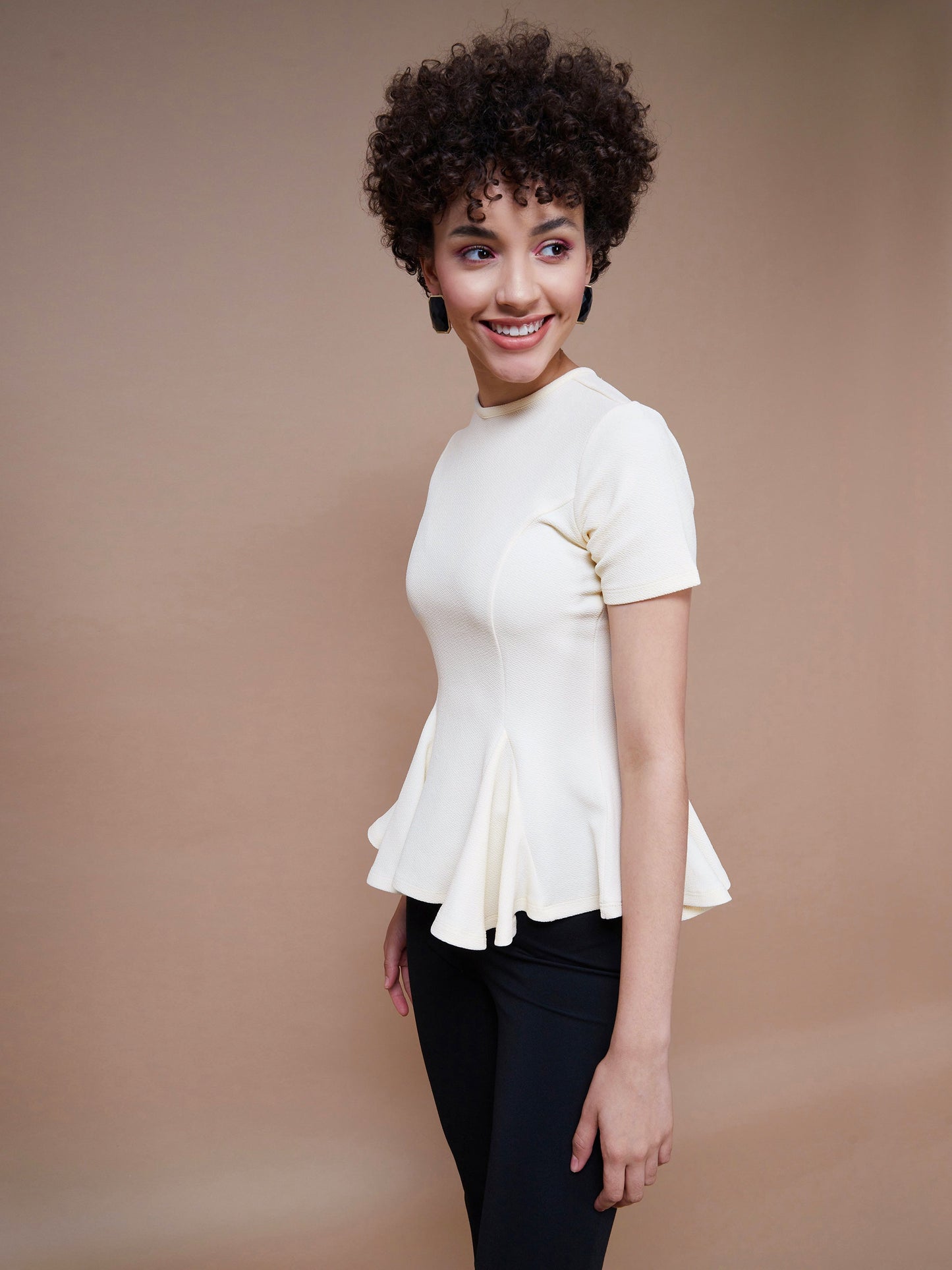 Women's Cream Short Sleeves Peplum Top