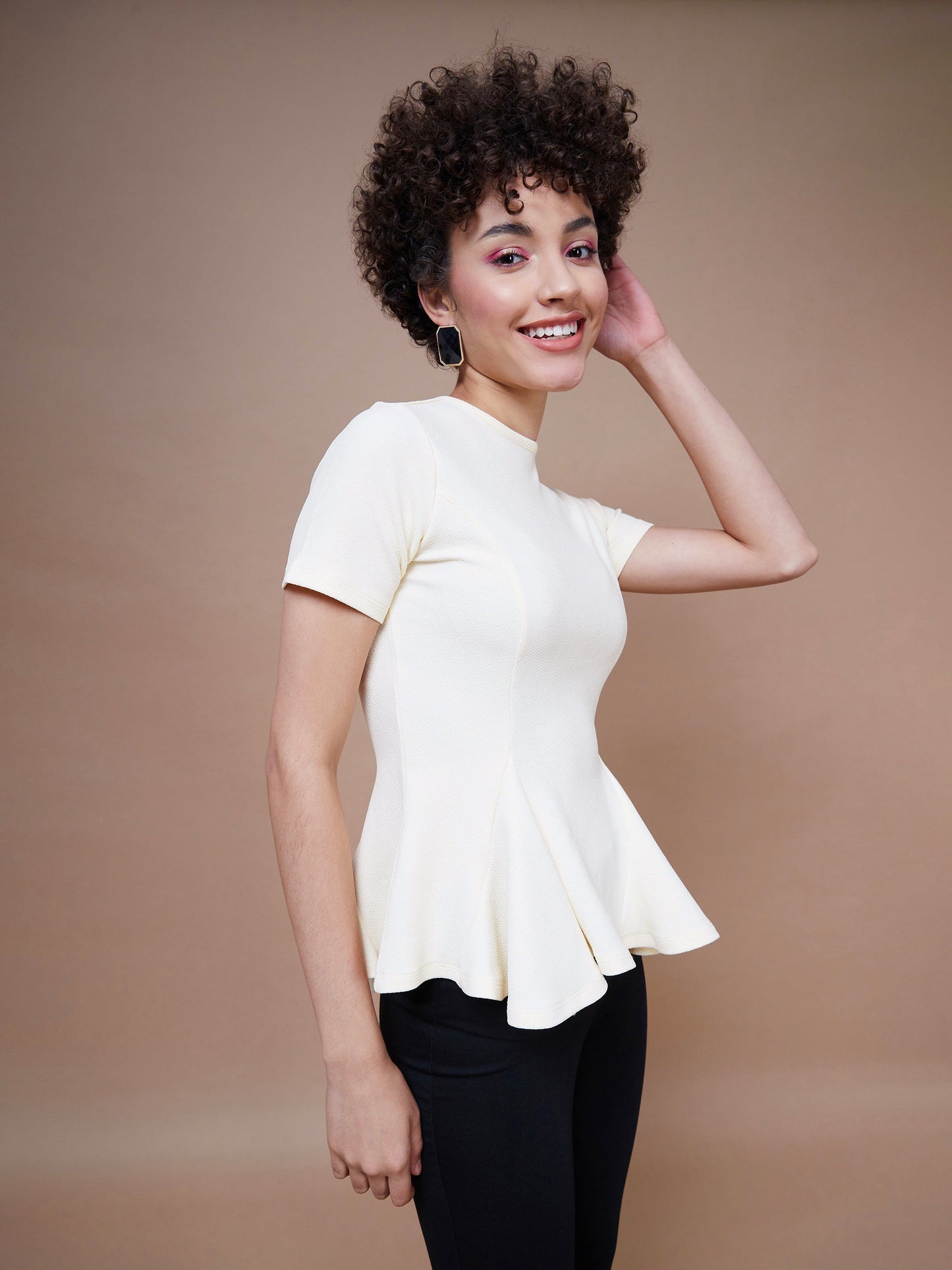 Women's Cream Short Sleeves Peplum Top