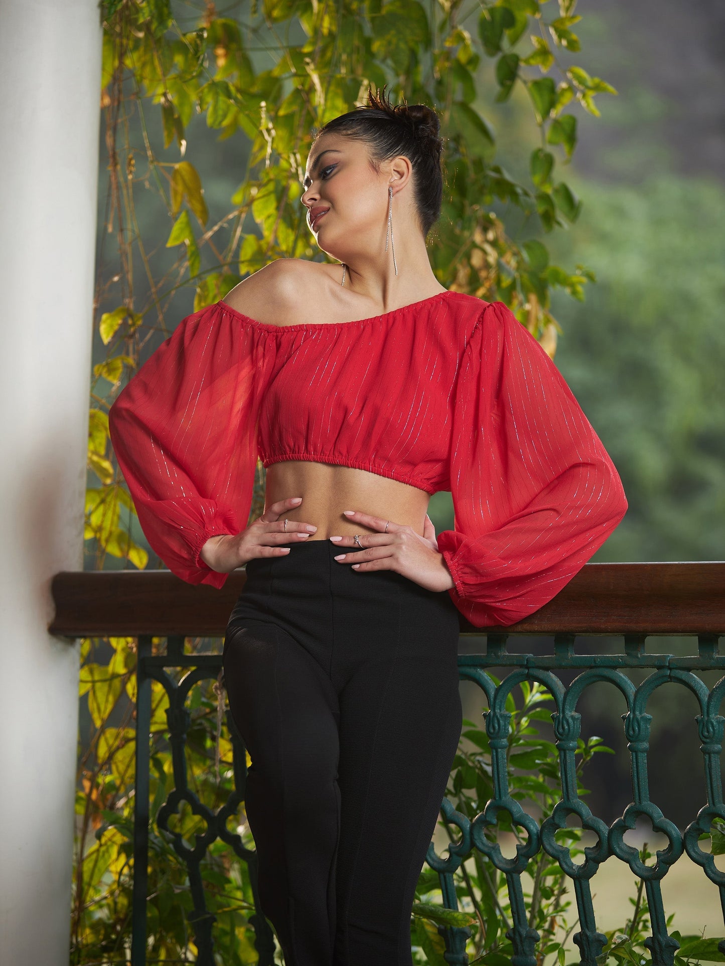 Women's Red Chiffon Lurex One Shoulder Crop Top