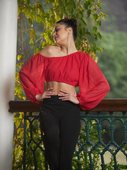 Women's Red Chiffon Lurex One Shoulder Crop Top