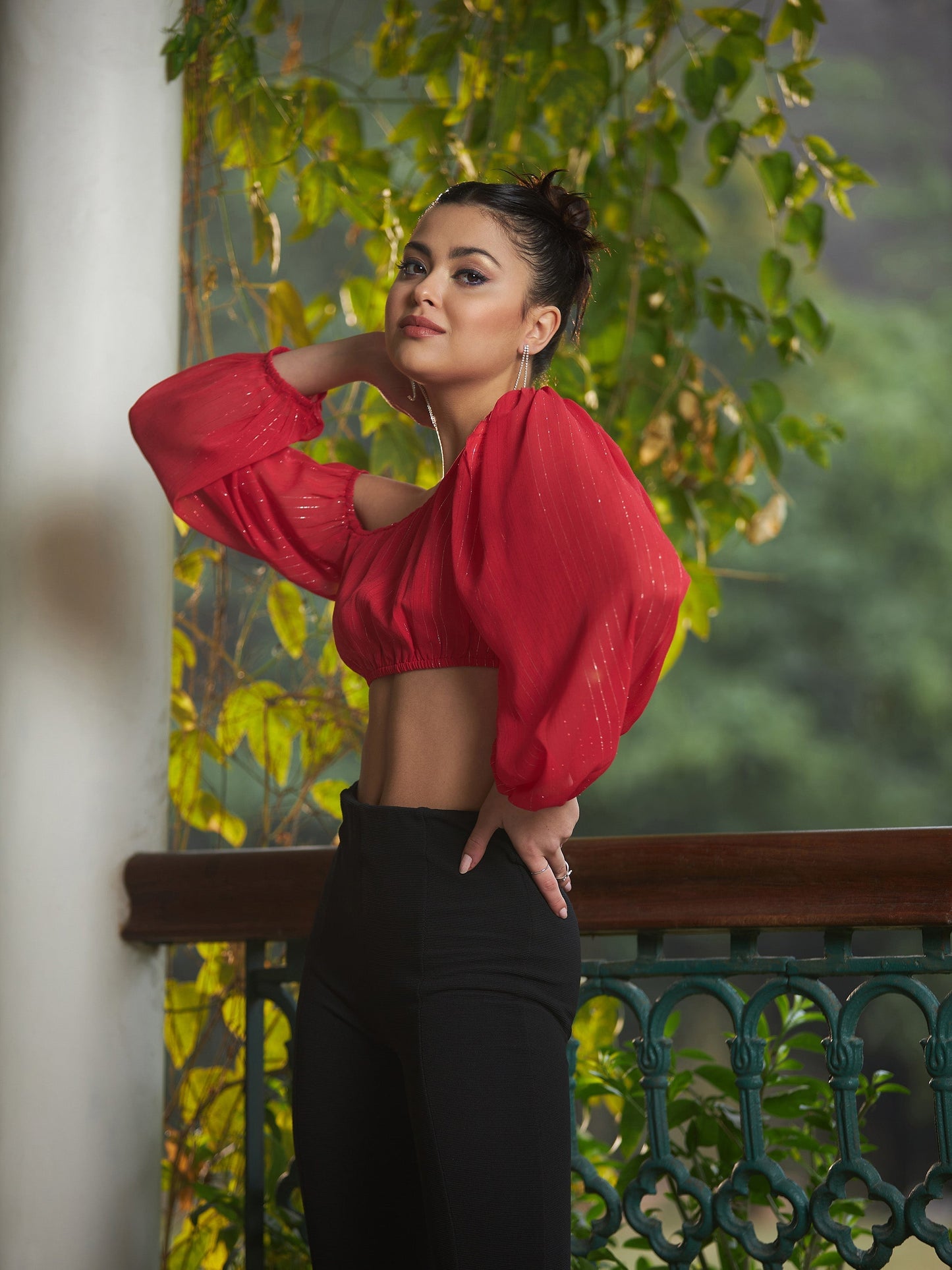 Women's Red Chiffon Lurex One Shoulder Crop Top