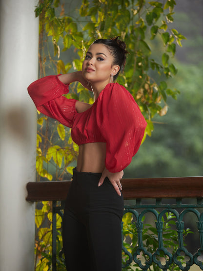 Women's Red Chiffon Lurex One Shoulder Crop Top