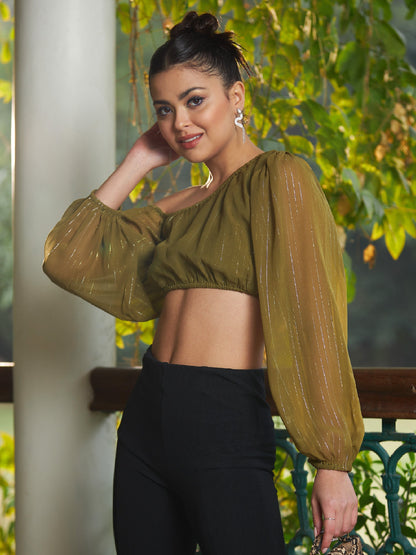 Women's Olive Chiffon Lurex One Shoulder Crop Top