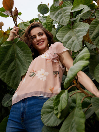 Women's Nude Floral Sweetheart Neck Top