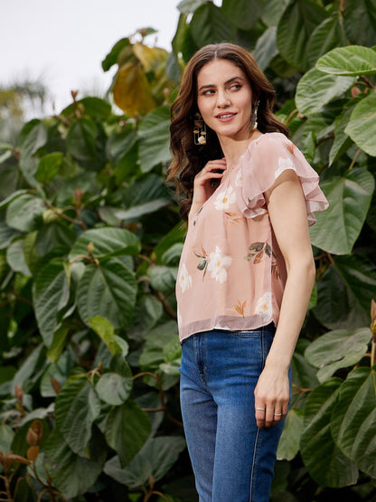 Women's Nude Floral Sweetheart Neck Top