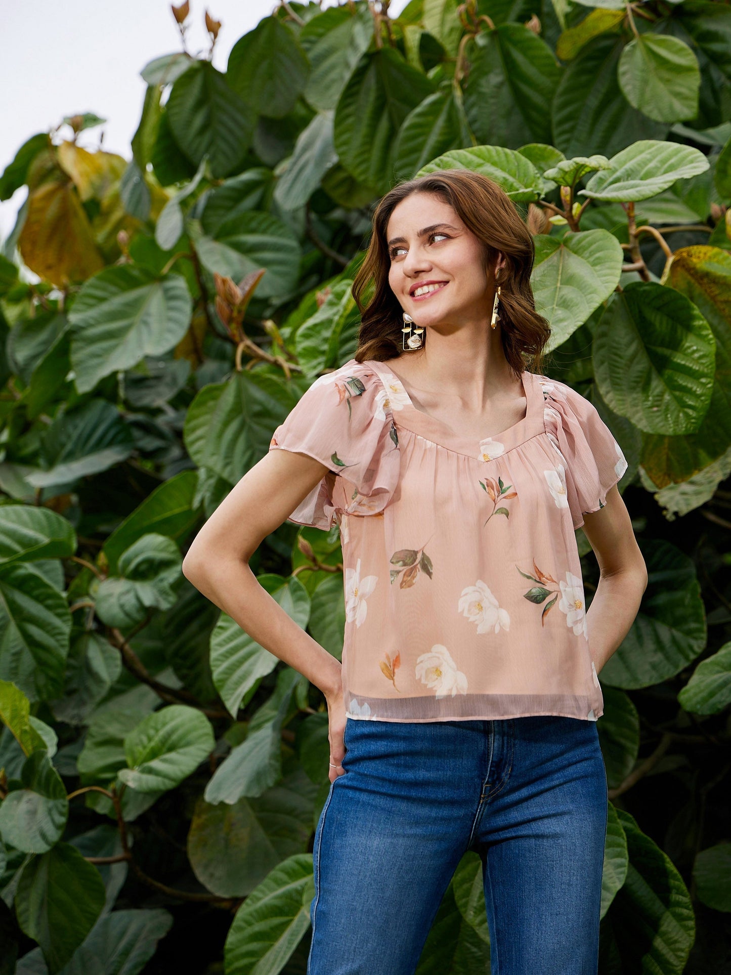 Women's Nude Floral Sweetheart Neck Top