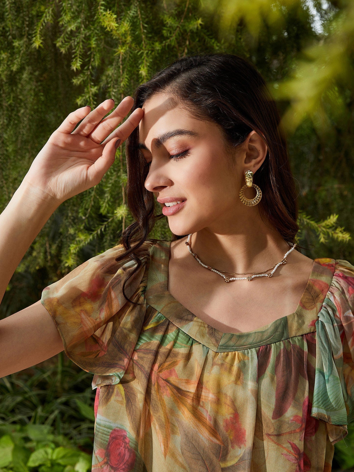 Women's Green Jungle Print Sweetheart Neck Top