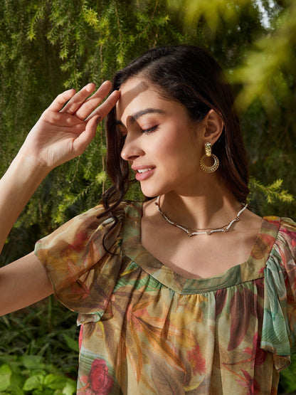 Women's Green Jungle Print Sweetheart Neck Top