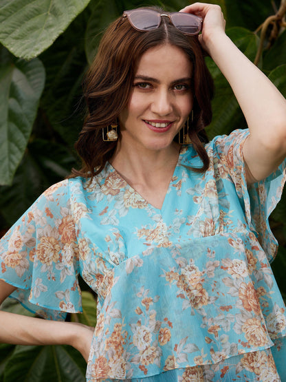 Women's Turquoise Floral Frill Hem Top