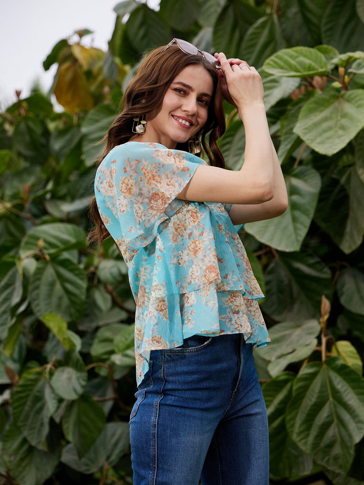 Women's Turquoise Floral Frill Hem Top