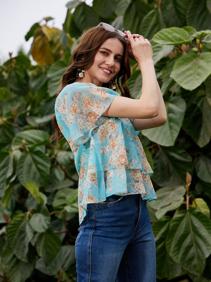 Women's Turquoise Floral Frill Hem Top