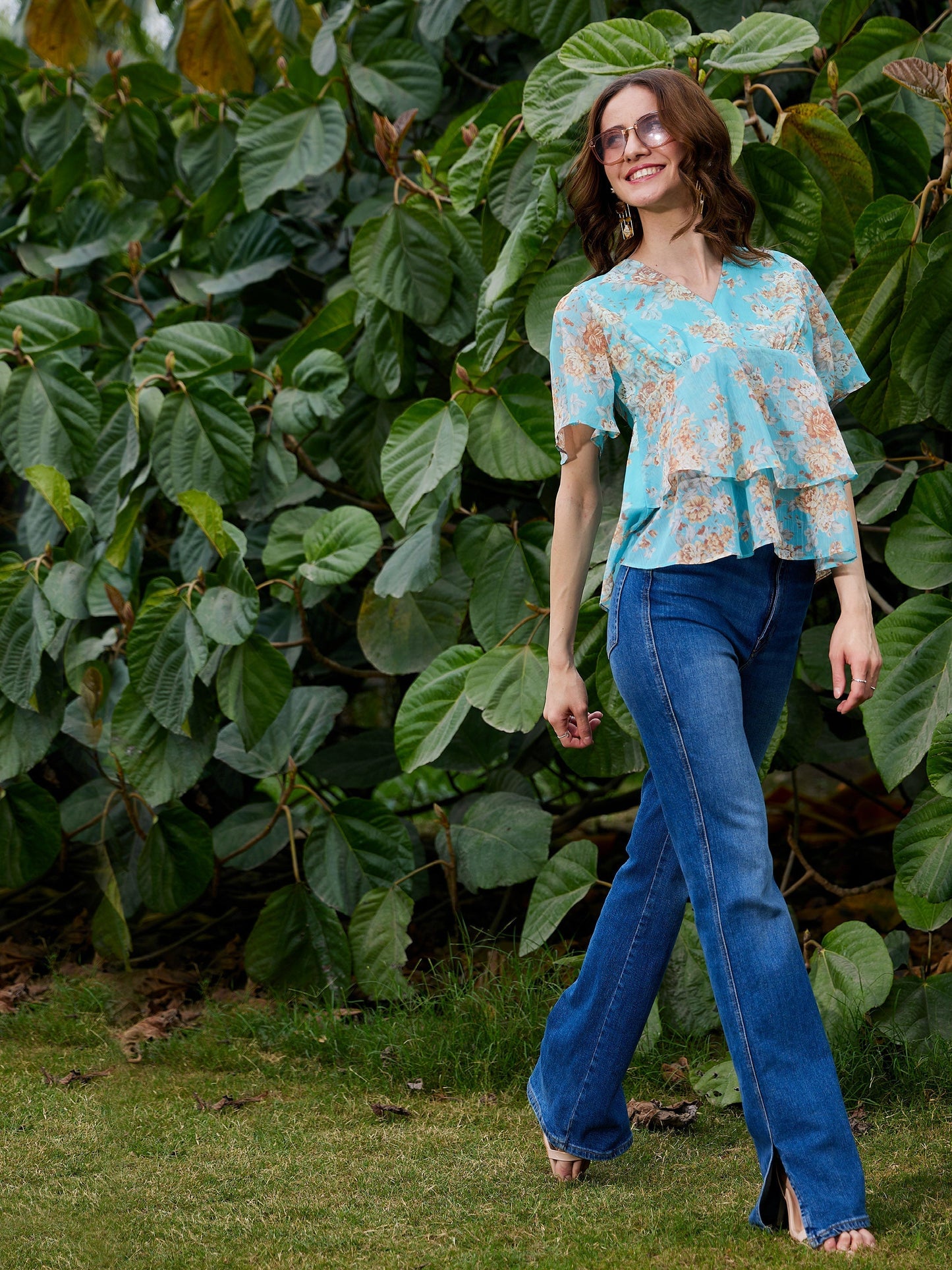 Women's Turquoise Floral Frill Hem Top