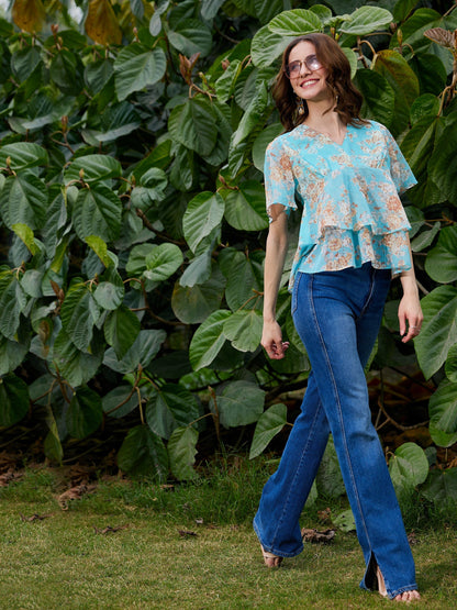 Women's Turquoise Floral Frill Hem Top