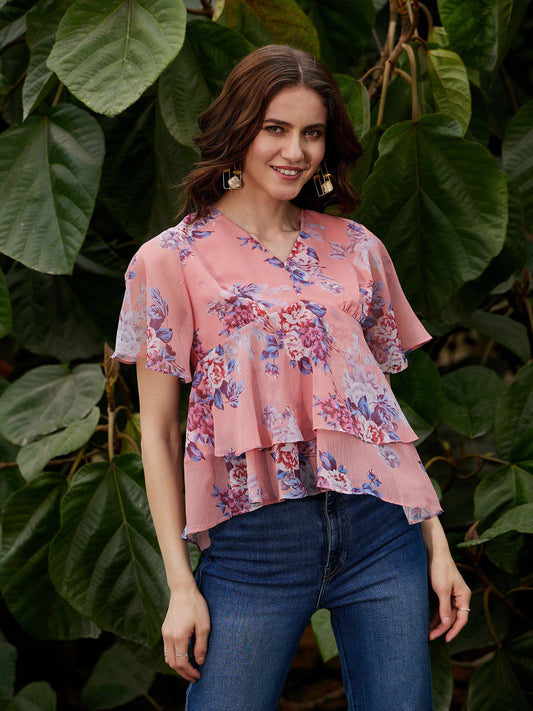 Women's Peach Floral Frill Hem Top