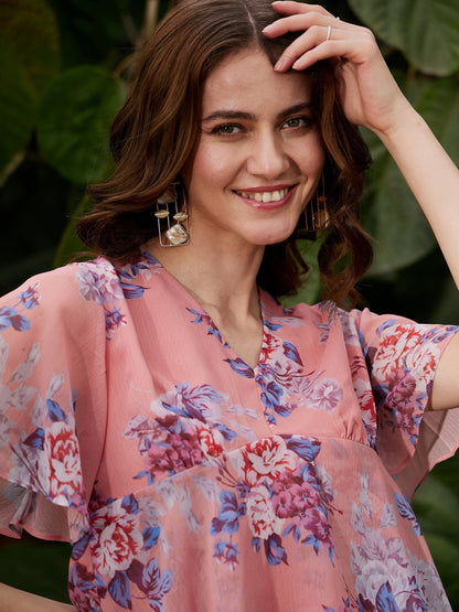 Women's Peach Floral Frill Hem Top