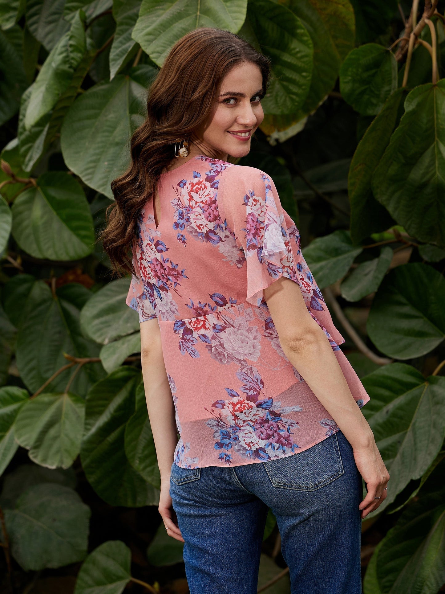 Women's Peach Floral Frill Hem Top