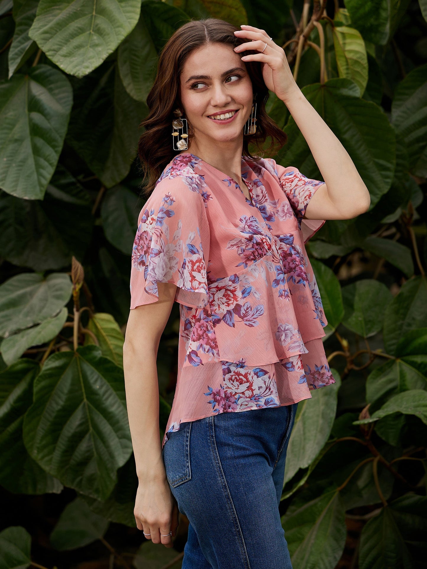 Women's Peach Floral Frill Hem Top