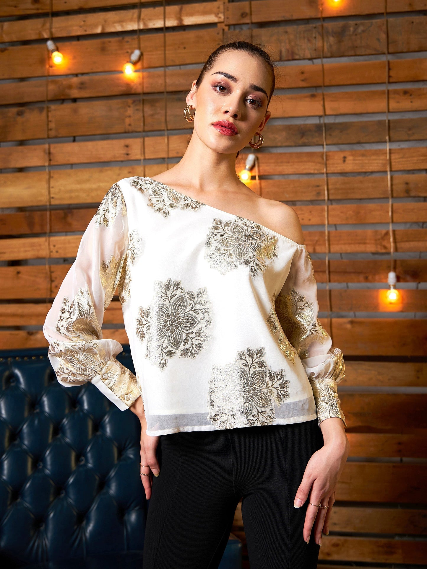 Women's White Jacquard One Shoulder Top
