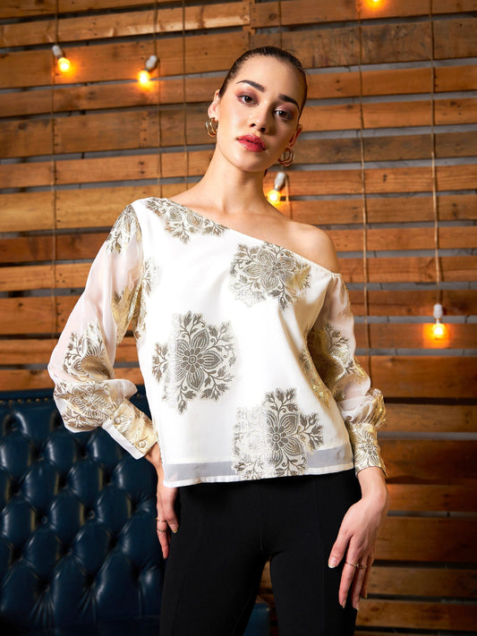 Women's White Jacquard One Shoulder Top