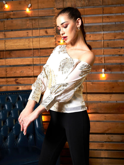 Women's White Jacquard One Shoulder Top