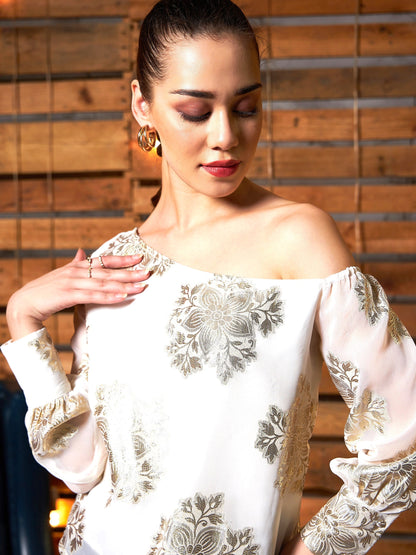 Women's White Jacquard One Shoulder Top