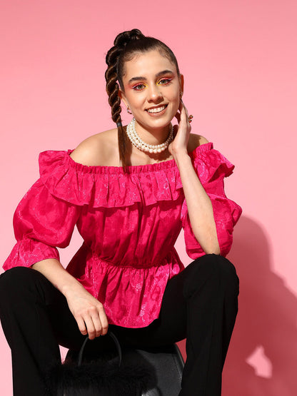 Women's Pink Jacquard Off Shoulder Frilly Peplum Top