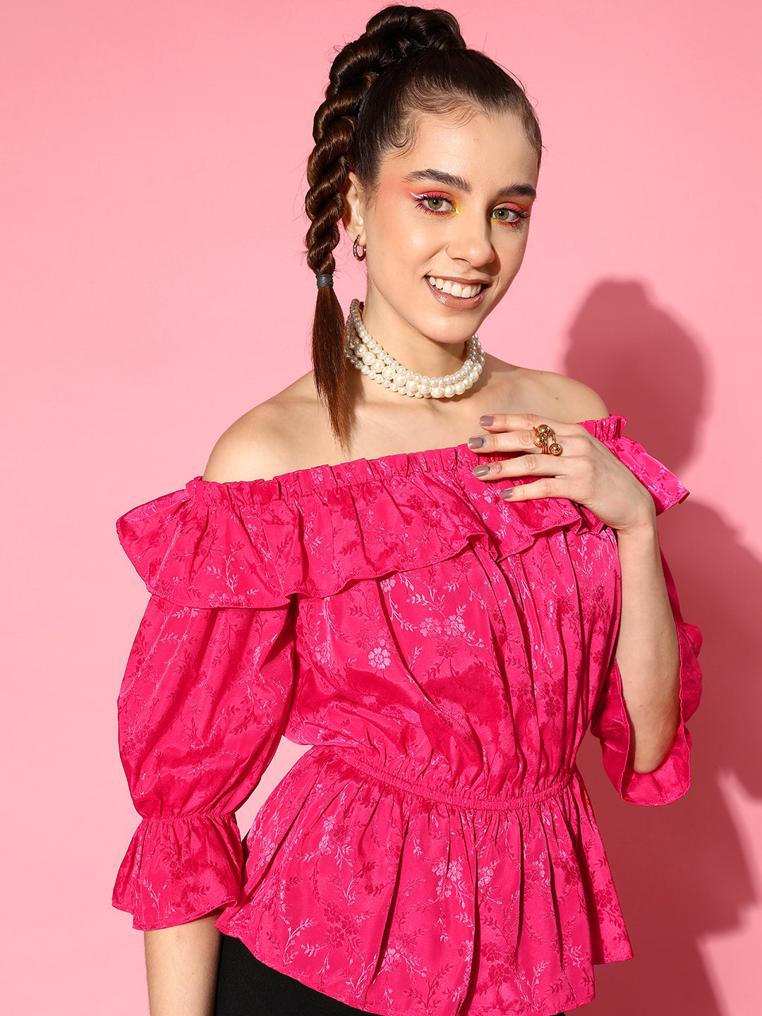 Women's Pink Jacquard Off Shoulder Frilly Peplum Top