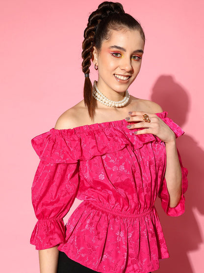 Women's Pink Jacquard Off Shoulder Frilly Peplum Top