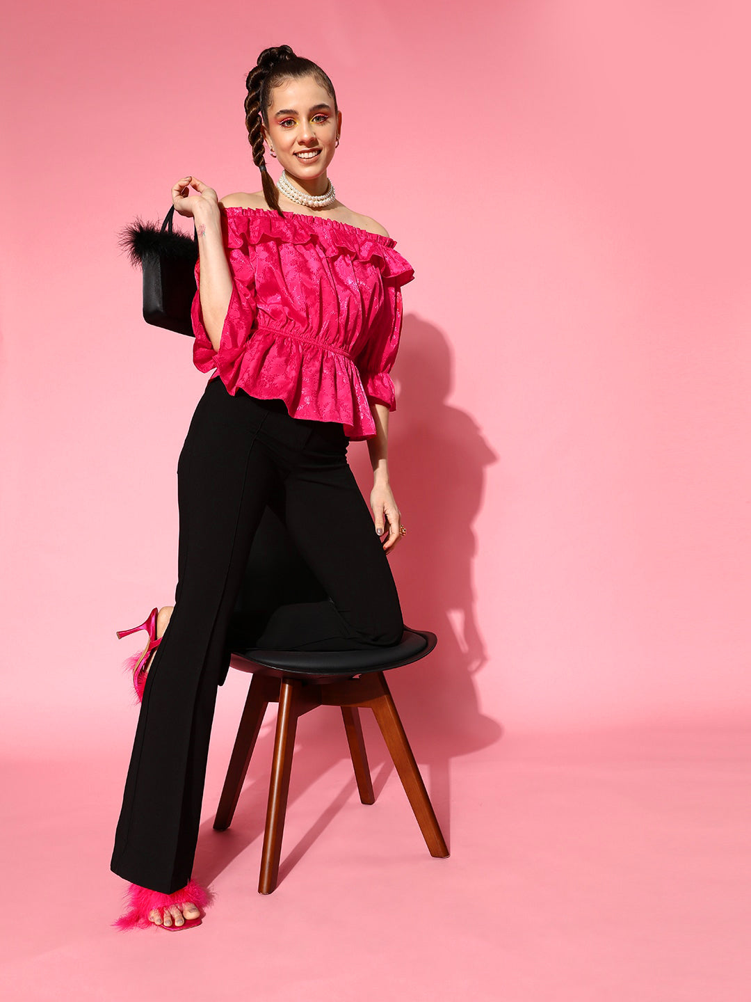 Women's Pink Jacquard Off Shoulder Frilly Peplum Top