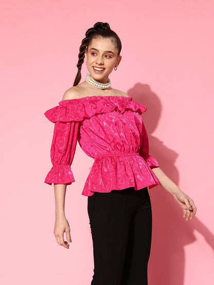 Women's Pink Jacquard Off Shoulder Frilly Peplum Top