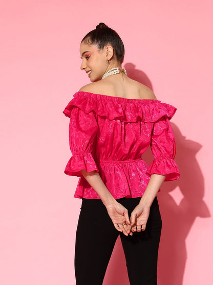 Women's Pink Jacquard Off Shoulder Frilly Peplum Top
