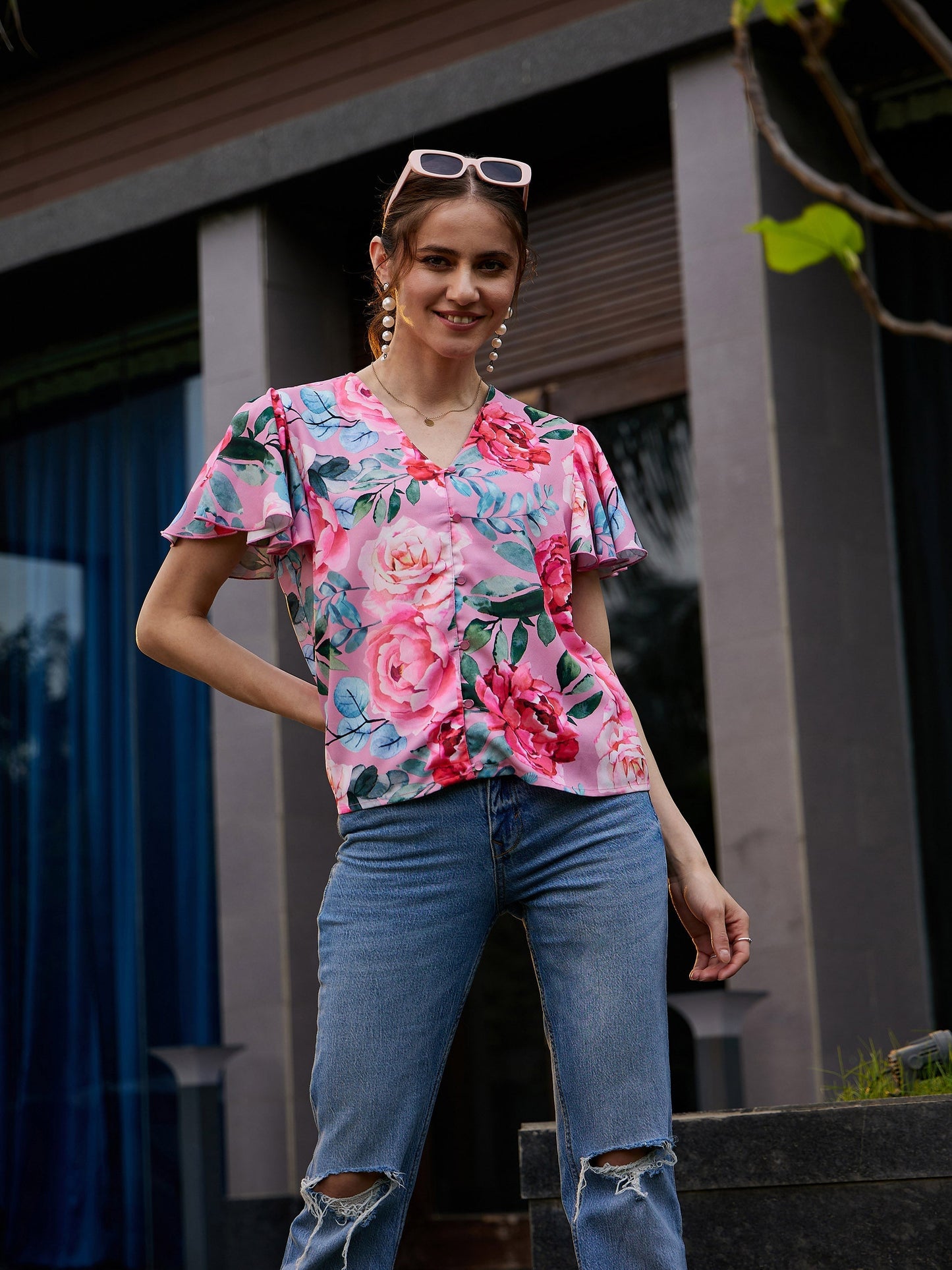 Women's Rose Floral Front Open Regular Top