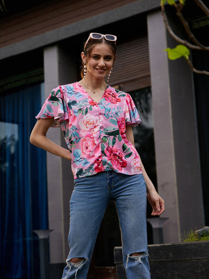 Women's Rose Floral Front Open Regular Top