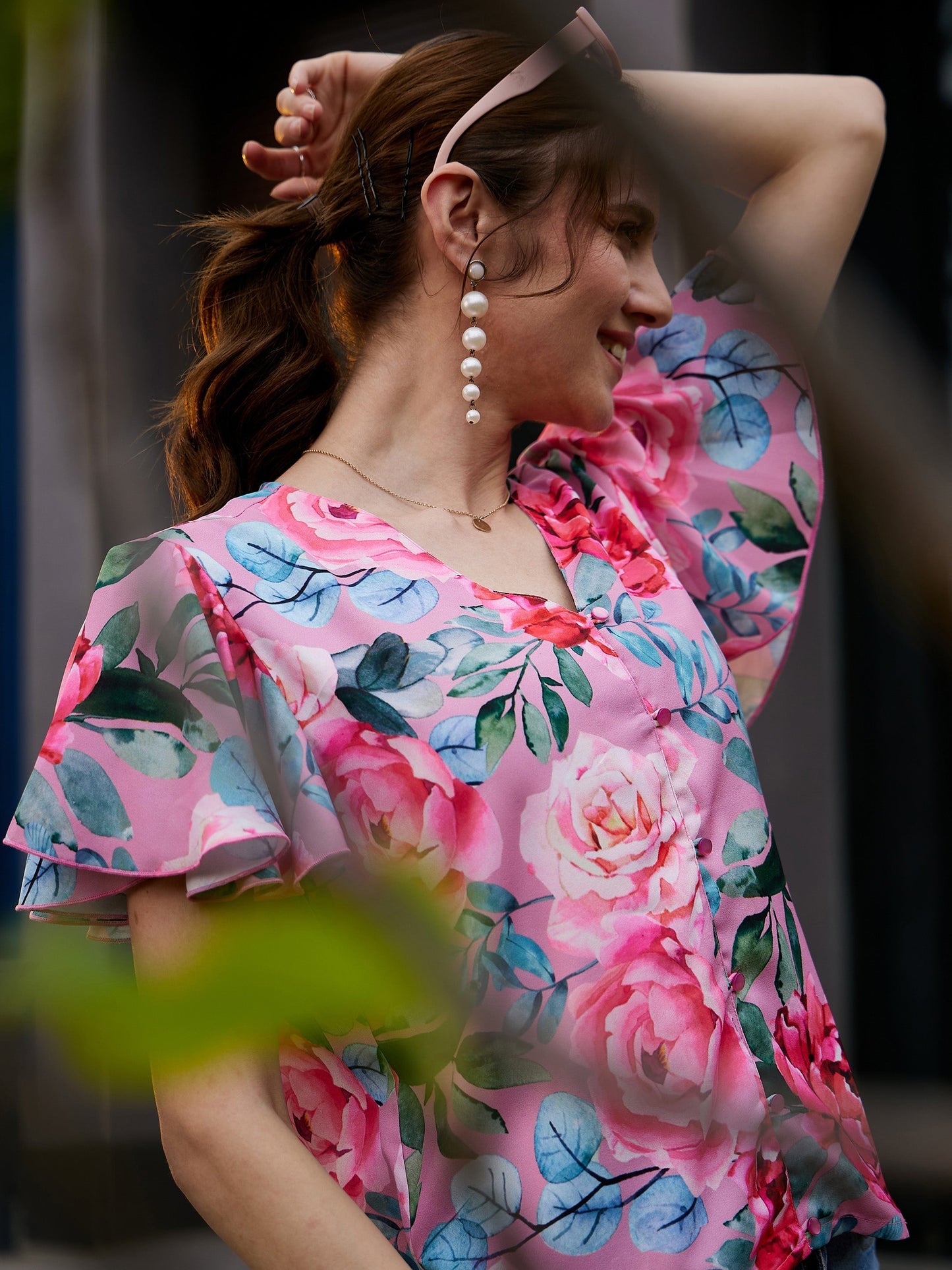 Women's Rose Floral Front Open Regular Top
