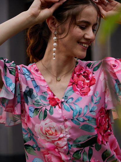 Women's Rose Floral Front Open Regular Top