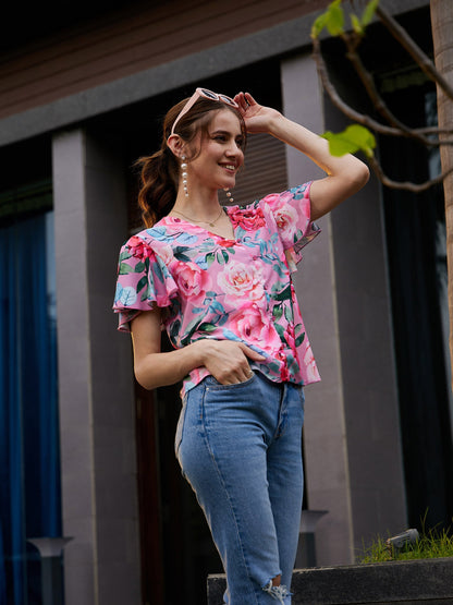 Women's Rose Floral Front Open Regular Top