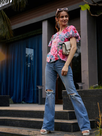 Women's Rose Floral Front Open Regular Top