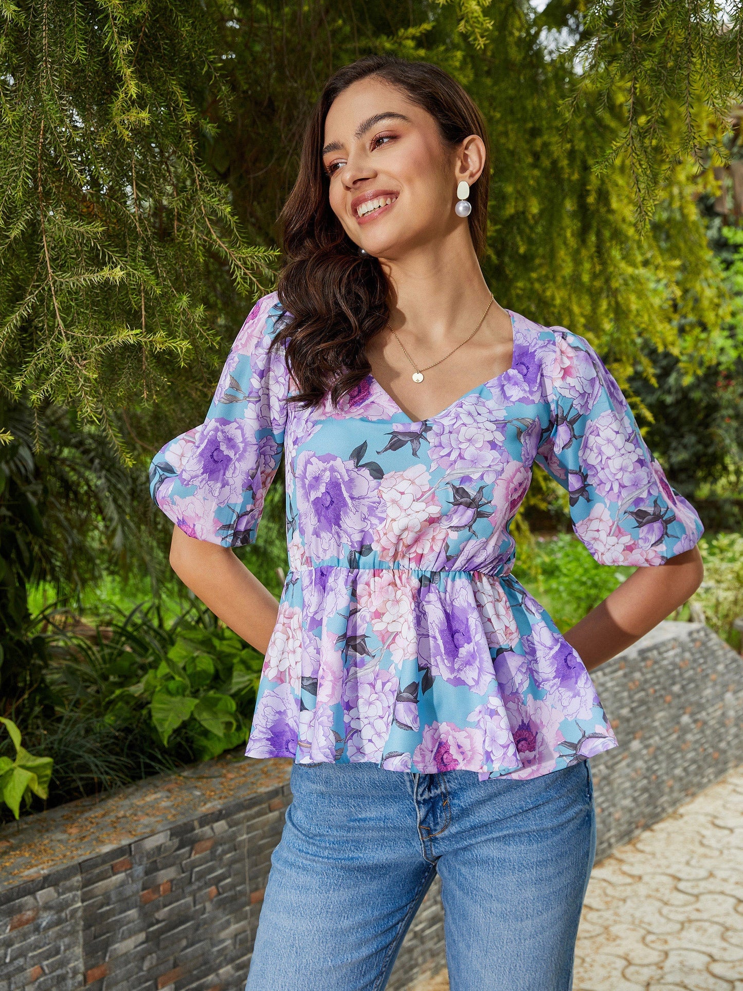 Women's Turquoise Floral Back Criss Cross Peplum Top