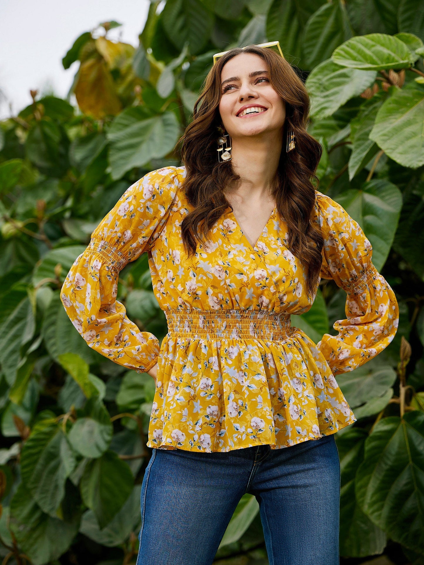 Women's Yellow Floral Peplum Top