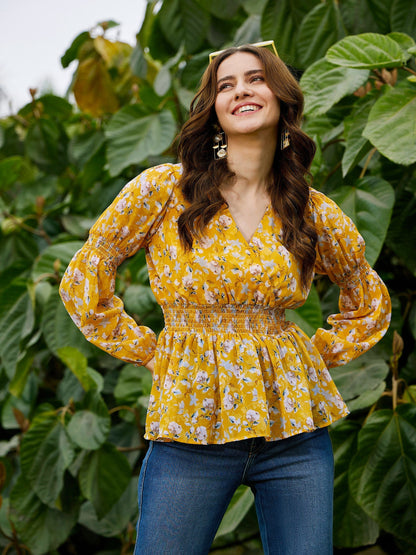 Women's Yellow Floral Peplum Top