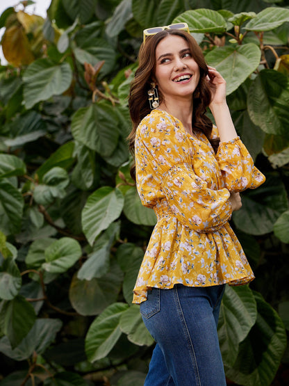 Women's Yellow Floral Peplum Top